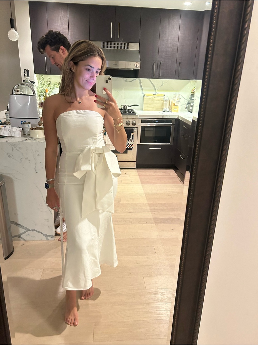 Club London Strapless White Midi Dress with Statement Bow